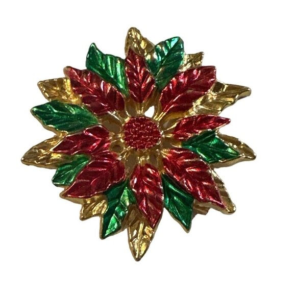 Accessories - Vintage Enamel Gold-Tone Poinsettia Flower Brooch Pin